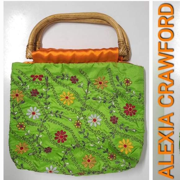 ALEXIA CRAWFORD Green Silk Handbag With Floral Embroidery in Spring Fever Print - Picture 1 of 14